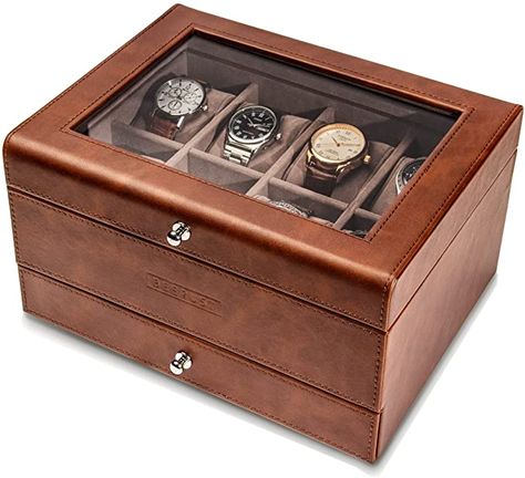 Amazon.com: BEERUST Watch box organizer for men - Leather watch case - Luxury watch box - For large mens wrist watches - Mens jewelry box organizer - Watch case - With mens valet drawer - Watch display case : Clothing, Shoes & Jewelry Watch Box Design, Luxury Watch Box, Watch Box For Men, Diy Watch, Mens Valet, Wood Watch Box, Leather Watch Case, Mens Jewelry Box, Wooden Watch Box