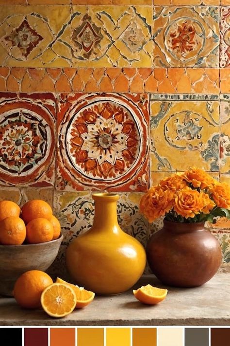 The Mediterranean Aesthetic: Color Guides And Combinations Spanish Colonial Color Palette, Mediterranean Home Color Palette, Mediterranean House Colors, Yellow And Red Kitchen, Color Combinations Interior, Italian Color Palette, Mediterranean Color Scheme, Art Deco Color Scheme, Desert Interior Design