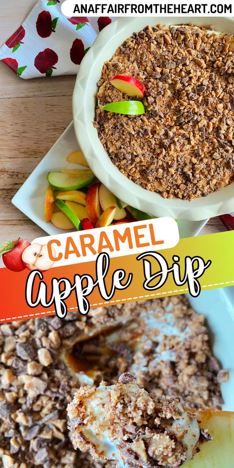 Overhead of Caramel apple dip in a white serving bowl. Apple Dip With Marshmallow Fluff, Heath Bar Caramel Apple Dip, Carmel Apple Heath Bar Dip, Caramel Apple Dip Marshmallow Fluff, Heath Bar Dip, Dip For Apples, Sweet Appetizers, Apple Dip Recipe, Today Recipes