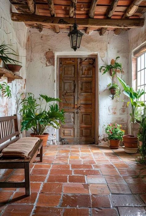 Mexican Hacienda Interior, Mediteran House Interior Design, Mexican Home Aesthetic, Mediterranean Interior Design Style, Old Spanish Style Homes, Mexican House, Hacienda Homes, Brick Floor, Spanish Bungalow