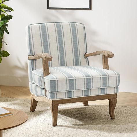 Amazon.com: HULALA HOME Upholstered Accent Chair, Mid-Century Modern Striped Chair with Graceful Curves and Wooden Legs, Comfy Lounge Armchair Striped Accent Chairs for Living Room, Bedroom (Blue) : Home & Kitchen Farmhouse Style Chairs, Sunroom Decor, Chairs For Living Room, Bedroom Blue, Striped Chair, Wood Bedroom Furniture, Comfy Lounge, Cozy Spot, Elegant Chair