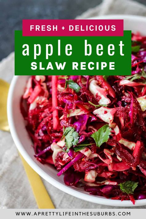 This Apple Beet Slaw is a crunchy, flavourful and fresh salad!  It's delicious served alongside ribs and barbecued meats.  A perfect summery side dish. Beet Slaw, Beet Salad Recipes, Apple Salad Recipes, Slaw Recipe, Fresh Beets, Beetroot Salad, Beet Recipes, Crisp Apple, Cold Salad