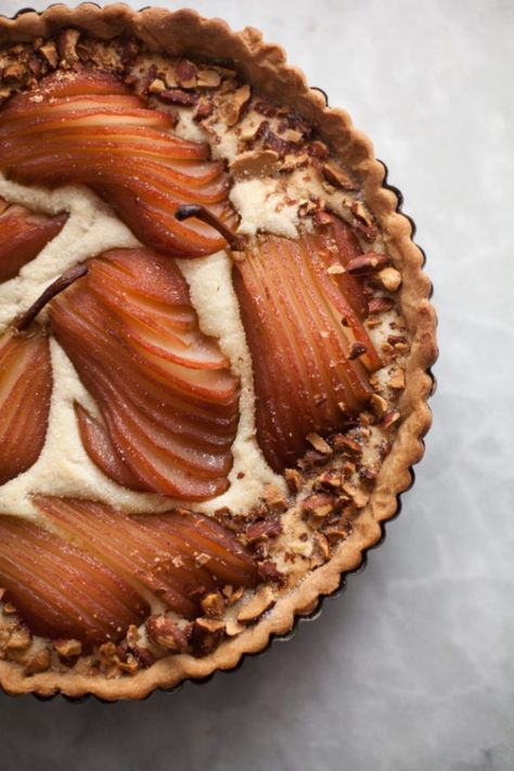 Pear Almond Tart Recipe for Thanksgiving | ZoëBakes | eat dessert first Pear And Almond Tart, Almond Tart Recipe, Pear Almond, Almond Tart, Pear Tart, Slow Cooker Desserts, Poached Pears, Tart Recipe, Eat Dessert First