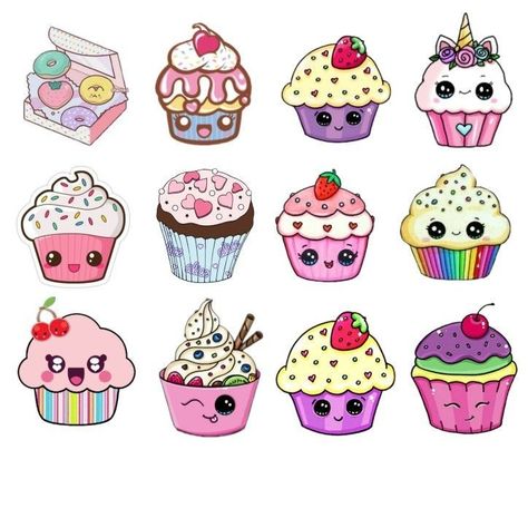 Cupcake Cakes Drawing, Doodle Cupcake, Cute Cupcake Drawing, Banner Doodle, Cartoon Cupcakes, Kawaii Sweets, Cupcake Drawing, Pencil Drawings For Beginners, Paper Flower Art