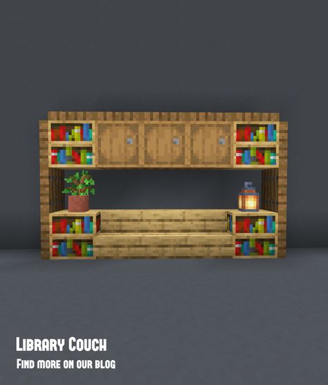 A small and easy minecraft build for a couch that is library themed. Create this as a decoration in your study or library in minecraft. Add this simple minecraft idea to your list of projects for your world. #minecraft Minecraft Small Library Ideas, What To Add To Your Minecraft World, Small Library Minecraft, Cute Minecraft Building Ideas Easy, Study Minecraft, Minecraft Small Decorations, Minecraft Book And Quill, Minecraft Simple House Ideas, Cute Things To Add To Minecraft World