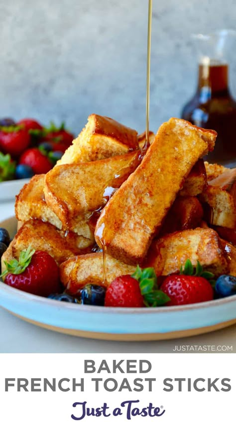 Ditch the butter and skip the stovetop in favor of Baked French Toast Sticks! These dunkable dippers are freezer-friendly, so make a big batch today and freeze any extras for the ultimate meal prep breakfast. #justatasterecipes Best French Toast Bake, Baked French Toast Sticks, Cinnamon French Toast Sticks, Easy Cinnamon French Toast, French Toast Sticks Recipe, Lunch Pizza, Freezer Prep, Baked French Toast, French Toast Sticks