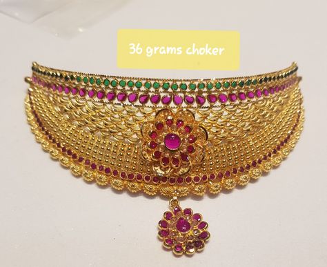 Light weight  choker 36 grams @ SHAGUN JEWELLERS ALWAL Light Weight Choker Gold With Grams, Rajasthani Jewellery, Gold Coin Jewelry, Indian Gold Necklace Designs, 22 Carat Gold Jewellery, Indian Choker Necklace, Bridal Necklace Designs, Choker Necklace Designs, Black Beads Mangalsutra Design