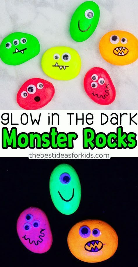 Monster Rocks, Glow Crafts, Neon Crafts, Teen Halloween, Monster Crafts, Glowing Art, Handprint Craft, Halloween Craft, Glow Party