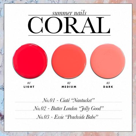 The Perfect Summer Nail Polish Colors for Your Skin Tone - Coral // SHOP this list: www.dailymakeover.com Nail Coral Color, Light Coral Nail Color, Nails Summer Coral, Summer Nails Coral, Coral Gel Polish, Nail Polish Coral, Uñas Color Coral, Opi Pink Coral Nail Polish, Summer Nail Polish Colors