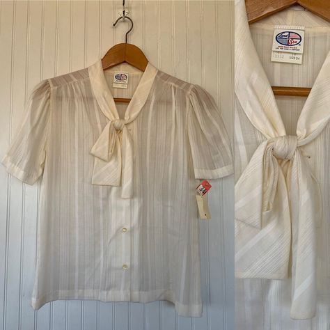 Vintage White Shirt, Round Collar Shirt, Oc Board, 70s Shirts, 70s Outfits, Outfit Challenge, Sheer Shirt, Tie Neck Blouse, Spring Tops