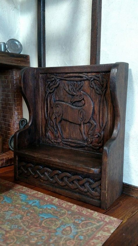 SETTLE / High Back BENCH Handcarved Celtic Deer & Celtic Knot | Etsy Celtic Deer, Tudor Decor, Tudor Dollhouse, High Back Bench, Medieval Decor, Medieval Furniture, English Country Decor, Miniatures Tutorials, Miniature Furniture