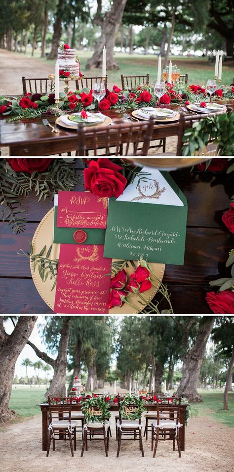 Red, Green, and Gold Christmas Wedding Inspiration -  A PRINCESS INSPIRED BLOG | Christmas Table Decor Green And Gold Christmas Wedding, Gold Christmas Wedding, Red Green And Gold Christmas, Wedding Sheet Cakes, Christmas Wedding Ideas, Green And Gold Christmas, Christmas Wedding Themes, Forest Green Wedding, Red Gold Wedding