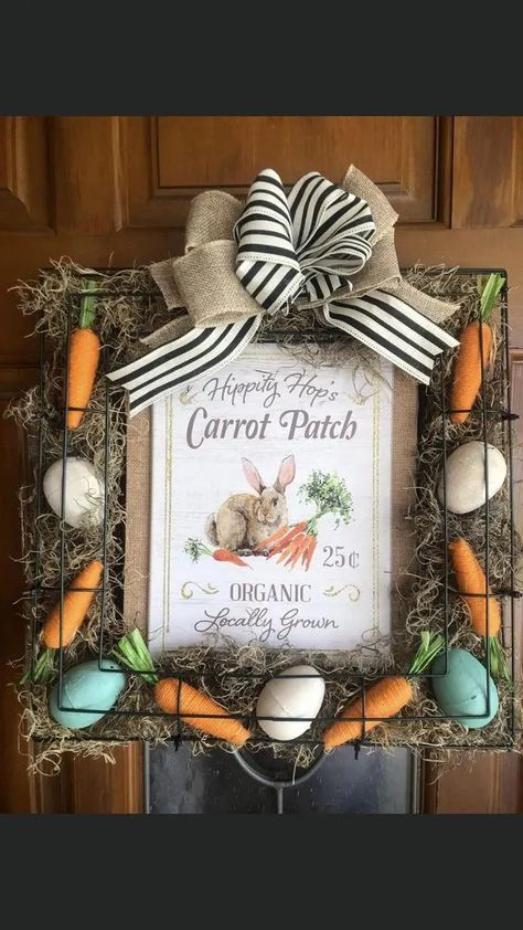 Wire Cross Wreath Frame Ideas, Dt Easter Crafts, Spring Dollar Store Crafts, Easter Dyi, Dollar Tree Easter Crafts, Carrot Patch, Farmhouse Easter Decor, Easter Happy, Easter Spring Wreath