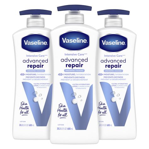 Vaseline Intensive Care Body Lotion for Dry Skin Advanced Repair Unscented Lotion Made with Ultra-Hydrating Lipids and Vaseline Jelly That Repairs Extremely Dry Skin 20.3 oz, Pack of 3 (As an Amazon Associate I earn from qualifying purchases) Body Lotion Packaging, Unscented Body Lotion, Vaseline Lotion, Body Lotion For Dry Skin, Vaseline Intensive Care, Unscented Lotion, Vaseline Jelly, Healing Dry Skin, Extremely Dry Skin