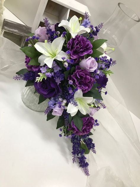 Purple Lillies Wedding Bouquet, Purple Lily Wedding Bouquet, Lilac Flower Wedding Decorations, Purple Bridal Bouquet With Greenery, Purple And White Wedding Flowers Lavender Bouquet, Wedding Bouquets Bride Purple, Purple And Green Wedding Dress, Purple Flower Bouquets, White And Purple Bouquet