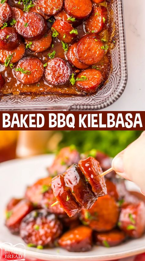 BAKED BBQ KIELBASA - Butter with a Side of Bread Bbq Kielbasa, Kalbasa Recipes, Kielbasa Crockpot, Kielbasa Appetizer, Crockpot Ham And Beans, Homemade Cream Corn, Kielbasa And Potatoes, Smoked Sausage Recipes, Kielbasa Recipes