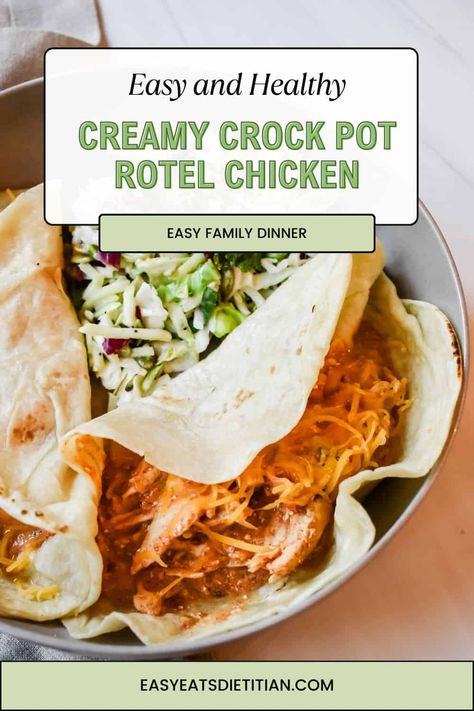 This creamy crock pot rotel chicken is absolutely delicious, requires only a few ingredients and less than 5 minutes of preparation time! This dish is a lightened up variation offering creaminess while still controlling portions and utilizing a lower-fat option to keep the dish from being overly indulgent. #chickenrecipes #crockpotrecipes #crockpotchicken #slowcookerrecipes #slowcooker #chickentacos Crock Pot Rotel, Chicken Rotel Recipes, Chicken Rotel, Rotel Chicken, Rotel Recipes, Mild Taco Seasoning, Chicken Fajitas Crockpot, Turkey Lasagna, Crock Pot Chicken