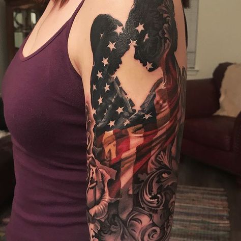 Love this piece Whole Tattoo, Ornate Tattoo, Scroll Tattoos, Photo Realism Tattoo, Patriotic Tattoos, Usa Tattoo, City Tattoo, Sweet Tattoos, Memorial Tattoo