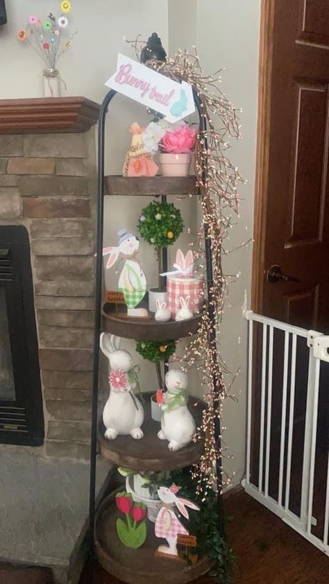 Easter Shelf Decor Ideas, Shelf Decor Ideas, Tall Shelf, Rabbit Home, Corner Stand, Tiered Shelf, Round Shelf, Tier Trays, Tier Shelf