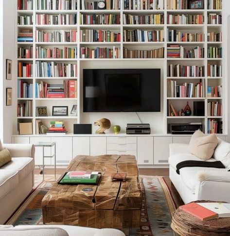 Bookshelves In Living Room With Tv, Home Interior Design Modern, Modern Home Library, Living Room With Tv, Bookshelf Designs, Room With Tv, Bookshelves With Tv, Home Library Rooms, Library Home