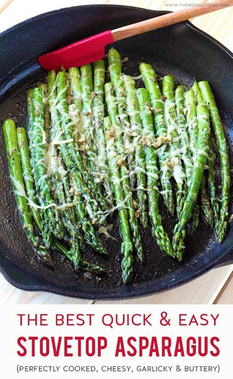 The Best Quick & Easy Stovetop Asparagus! Learn how to properly prep & make a simple sauteed asparagus on the stove in 10 minutes or less. This recipe is flavored with drool-worthy butter, garlic & parmesan cheese so it'll please even the pickiest of eaters! Serve it as a side dish with any meal any night of the week! #sidedish #spring #easyrecipe #lowcarbrecipes #glutenfreerecipes #healthyrecipes #realfood #homemade Stovetop Asparagus, Asparagus Stove Top, Asparagus On The Stove, Sauteed Asparagus, Saute Asparagus, Parmesan Asparagus, How To Cook Asparagus, Asparagus Recipe, Veggie Dishes