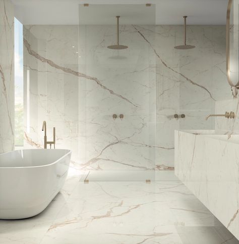 Large format bathroom tiles | Atlas Concorde Marble Wall Bathroom, Large Tile Bathroom, Master Bath Tile, Marble Effect Tiles, Atlas Concorde, Unglazed Porcelain, Floor Edging, Large Tile, Calacatta Marble