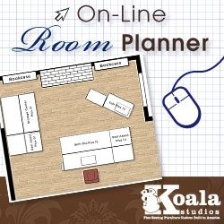 Koala Online Room Planner-Use our interactive Room Planner to design the sewing room of your dreams!  Create floor plans and arrange furniture to see how beautifully Koala Studios fit into your home. Sewing Studio Layout, Sewing Room Layout, Apartment Furniture Layout, Room Layout Ideas, Renovation Planner, Sewing Room Furniture, Sewing Room Inspiration, Bedroom Furniture Layout, Sewing Room Storage