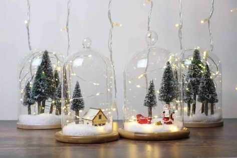 At Lights4fun we love crafts & Christmas fairy lights. We're always on the hunt for inspirational festive ideas that are easily achievable. Here's how to make your own mini magical DIY snow globe terrarium in no time at all... Let it snow! This DIY project has become so popular we've created Christmas glass domes complete with micro lights & mini decorations. Ideal for a Christmas mantelpiece display, you can introduce a festive feel in minutes! Get Diy Snow Globes, Christmas Snow Globes Diy, Christmas Fairy Garden, Garden Ideas To Make, Fairy Garden Ideas, Diy Snow, Diy Christmas Lights, Christmas Fairy Lights, Diy Snow Globe