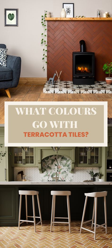 what colours go with terracotta tiles, kitchen with terracotta floor tiles, navy blue and sage green kitchen cabinetry Terracotta Floor Wall Color, Terracotta Tiles Fireplace, Paint Colors That Go With Terracotta Floors, Terrocata Kitchen Floor, Kitchen Ideas With Terracotta Floors, Quarry Tiles Living Room, Paint Colors To Match Terracotta Tile, What Colours Go With Terracotta, Terracotta Painted Fireplace