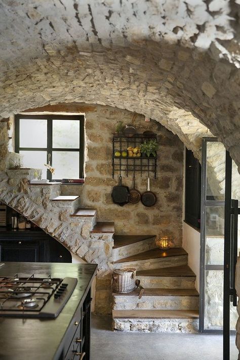 Tiny Kitchens With Islands, Old Stone Houses Interior, Small Staircase Ideas, Rustic Stone House, Stone Stairs Interior, Old Country Kitchen, Stone Cottages Interior, Cottage Staircase, Old Country Kitchens