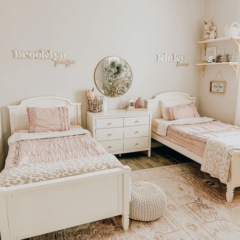 Custom Wood and Neon Signs on Instagram: "Such an adorable shared girls room! Sign details fonts- Karter and California colors- White and soft pink base- natural" Girls Bedroom Twin Beds, Twin Bed Girls Room, 2 Beds In One Room Ideas Teenagers, Twin Beds Girls Room, 2 Bed In One Room Ideas, White Twin Bed Frame, Twin Girls Bedroom, White Twin Bed, Double Twin Beds