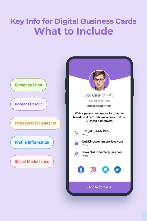 What should you include in your Digital Business Card:
1. Company Logo
2. Contact Details
3. Professional Headshot
4. Profile Information
5. Social Media Icons Business Card App, Address Icon, Digital Business Cards, Business Card Stand, Qr Code Business Card, Card Stand, Marketing Director, Digital Business Card, Digital Card