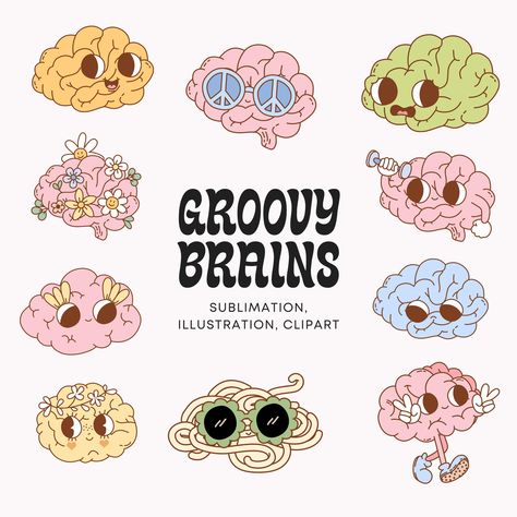 Brain Cartoon Illustration, Cute Brain Illustration, Drawing A Brain, Brain Graphic Design, Brain Character, Brain Cartoon, Cute Digital Stickers, Brain Melting, Brain Sticker