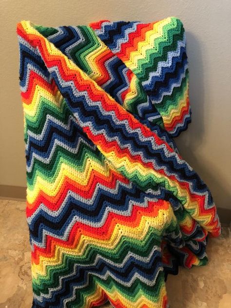 Queen Size Rainbow Blanket - Bold and Vividly Colorful Vintage Afghan - Handmade Knit/Crocheted - Ch Crocheted Afghans, Maximalist Style, Rainbow Blanket, Handmade Knit, Vintage Afghan, American Folk Art, Chevron Pattern, Handmade Knitting, Crochet Afghan