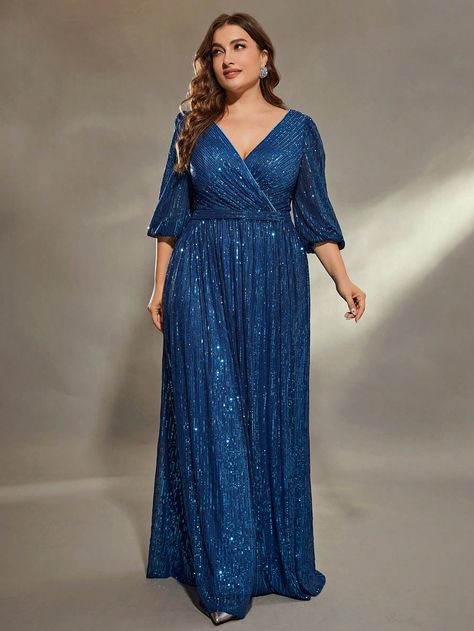 Dress For Fat Women, Frame Silhouette, Sequin Long Dress, Long Dress Plus Size, Exquisite Gowns, Middle Age Fashion, Shein Dress, Gown Prom, فستان سهرة