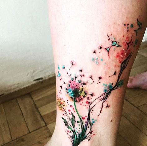 Water Colour Tattoo For Women, Dandelions Tattoos, Dandelion Tattoo Design, Colour Tattoo For Women, Floral Thigh Tattoos, Circle Tattoos, Dandelion Tattoo, Fairy Tattoo Designs, Anklet Tattoos