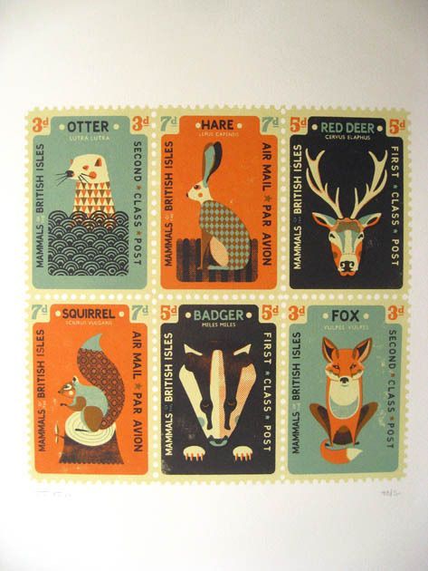 Mammals of the British Isles stamps. By Tom Frost. Stamp Book, Postage Stamp Design, Mail Stamp, Postage Stamp Art, Printmaking Art, Book Stamp, Vintage Postage Stamps, Stamp Projects, Vintage Postage