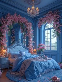 Blue Princess Room Aesthetic, Pink And Blue Bedroom Aesthetic, Garden Bedroom Aesthetic, Blue Bedroom Decor Ideas, Bedroom Feature Wall, Baddie Apartment, Apartment Bedroom Ideas, Girly Apartments, Blue Bedroom Decor