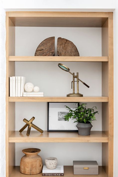 Styling Long Open Shelves Shelf Decorating, Shelf Decor Living Room, Styling Shelves, Bookcase Styling, Apartment Decoration, Travertine Stone, Bookshelf Styling, Studio Mcgee, Shelf Styling