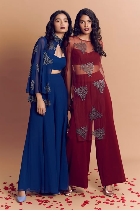 Buy Embroidered Cape & Pant Set by Diya Rajvvir at Aza Fashions Marriage Function Dresses For Women Indian, Cape Set Indian, Jacket Indian Outfit, Amit Aggarwal Dresses, Bollywood Style Festive Palazzo Set With Cape Sleeves, Festive Navratri Palazzo Set With Cape Sleeves, Festive Bollywood Palazzo Set With Cape Sleeves, Navratri Designer Palazzo Set With Cape Sleeves, Aza Fashion Outfits