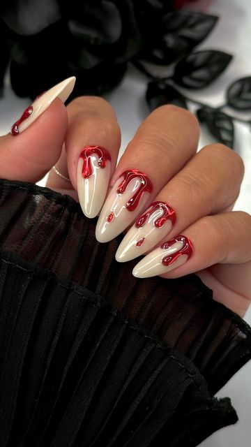 Daily Charme Official on Instagram: "EASY 3D Blood Drip Chrome Nail Tutorial 🩸✨ Comment “BLOOD DRIP” for the direct link to everything you need to recreate this spooky Halloween look! 💅  Save & share for easy Halloween nail inspo! ♥️  #halloweennails #blooddripnails #chromenails #spookynails #3dnails #diynails #rednails #nailtutorial #nailarttrends #fallnails #halloween2024 #nailinspo #nailtech #howtonails #nails #nailinspo #halloween" Chrome Drip Nails Designs, Halloween Nail Designs 3d, Chrome Blood Nails, Spooky Chrome Nails, Halloween Blood Drip Nails, Spooky Nails Ideas, The Shining Nails, Blood Drop Nails, Blood Nails Design