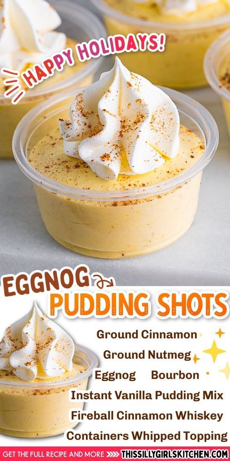 Eggnog Pudding Shots, Eggnog Pudding, Pudding Shot Recipes, Eggnog Dessert, Pudding Shots, Boozy Desserts, Unique Desserts, Shot Recipes, Easy Baking Recipes Desserts