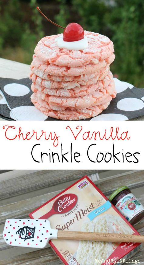 Vanilla Crinkle Cookies, Cherry Chip Cake Mix, Cherry Chip Cake, Crinkles Recipe, Cake Mix Cookie, Boxed Cake Mixes Recipes, Cherry Vanilla, Cherry Cookies, Food Cookies