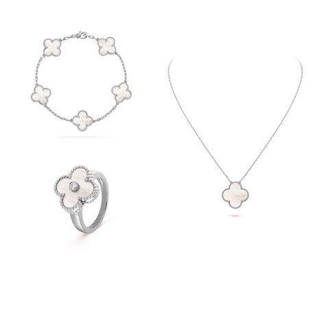 Van Cleef & Arpels Alhambra collection in MOP #mop #motherofpearls #vca #vcaalhambra #vcamop #vcajewelry #vancleef #vancleefarpels #magicalhambra #vcamagic #whitegold Van Cleef White Gold, White Gold Set, Van Cleef Arpels, Mother Pearl, Van Cleef, Gold Set, Jewelry Set, Silver Necklace, White Gold