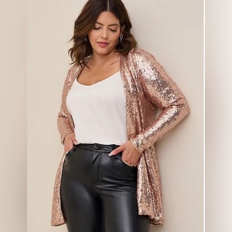 Torrid STRETCH SEQUIN MESH LONG LINE jacket blazer Birthday Outfit For Women, Vegas Outfit, Christmas Party Outfit, Eve Outfit, Open Front Jacket, Long Sleeve Sequin, Cute Jackets, Going Out Outfits, Line Jackets