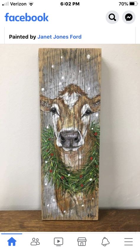 Painting On Fence Boards, Fall Door Painting Ideas, Fence Board Painting Ideas, Board Painting Ideas Christmas, Christmas Cow Painting, Hand Painted Christmas Signs, Cow Christmas Decor, Barn Wood Art, Cow Paintings