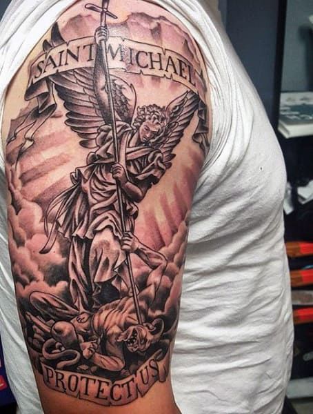 Top 73 St Michael Tattoo Ideas [2020 Inspiration Guide] St Christopher Tattoo, Men Finger Tattoos, Airborne Tattoos, Dark Tattoos For Men, Tattoo Lower Back, Archangel Michael Tattoo, St Michael Tattoo, Michael Tattoo, Protection Tattoo