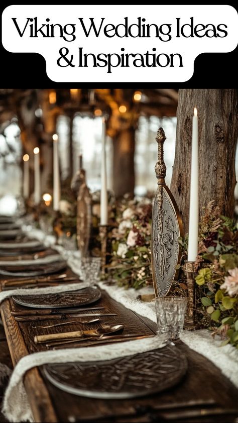 Viking-themed wedding setup with traditional Viking swords, shields, and rustic décor, featuring nature-inspired centerpieces that evoke ancient Norse traditions. Nordic Wedding Traditions, Viking Centerpieces, Diy Viking Wedding Decor, Norse Home Decor, Outlander Wedding Theme, Midevil Wedding Aesthetic, Narnia Wedding Theme, Rennaisance Wedding, Viking Party Ideas Adults