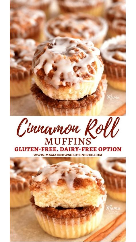 These gluten-free cinnamon roll muffins have both the texture and the taste of a gooey cinnamon roll. The recipe also has a dairy-free option. Gluten Free Dairy Free Cinnamon Rolls, Cinnamon Sticks Recipe, Dairy Free Cinnamon Rolls, Pillsbury Gluten Free, Baking With Coconut Oil, Cinnamon Roll Muffins, Dairy Free Baking, Banana Blueberry Muffins, Dairy Free Alternatives