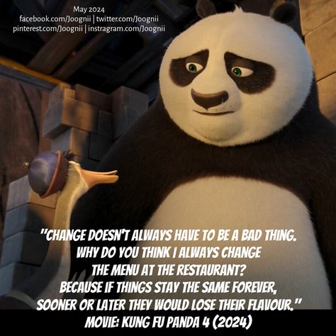 Movie Quotes: Kung Fu Panda 4. #Change #Restaurant #Menu #Flavour #Forever Quotes Kung Fu Panda, Kung Fu Panda Quotes, Panda Quotes, Discord Status, Morals Quotes, New Photos Hd, Cute Tumblr Wallpaper, Kung Fu Panda, Photos Hd